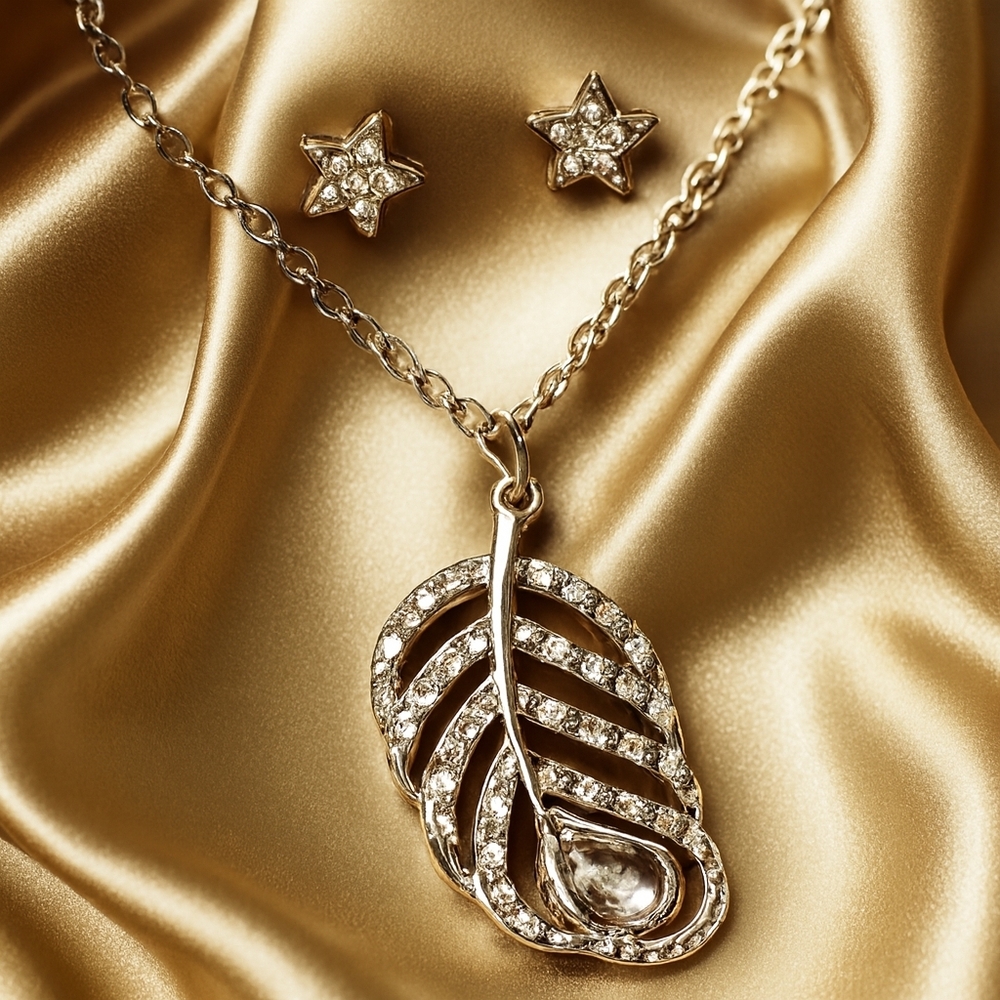 Silver Leaf Pendant Necklace & Starburst Earrings – Elegant Women's Jewelry set